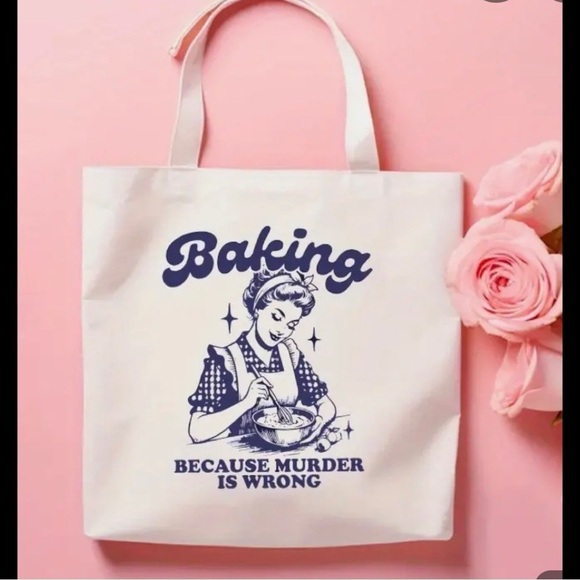 Canvas Tote Bag ‘Baking Because Murder Is Wrong’ Sarcastic Quote Retro Shopping - Picture 1 of 5
